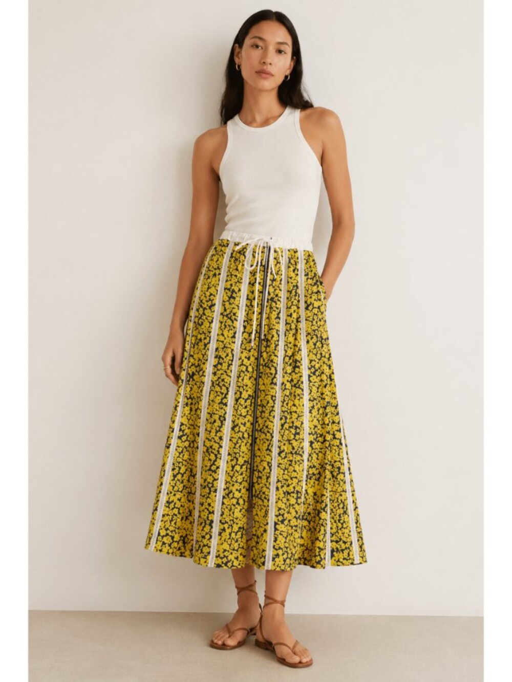 Derek Lam Collective Yellow Floral Stripe Midi Skirt Drawstring Waist A-Line